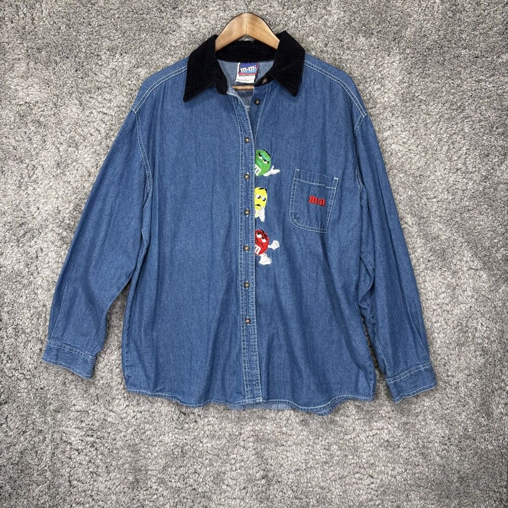 Vintage 90s M&Ms Embroidered Denim Shirt Large Corduroy Collar Novelty button Up